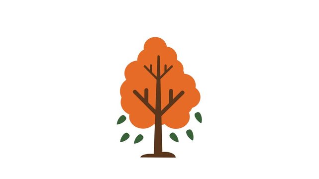 Flat Illustration of Orange Autumn Tree with Green Falling Leaves and Minimal Nature Design on White Background