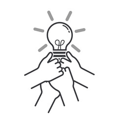 Isolated outline icon of multiple hands holding a glowing light bulb, symbolizing teamwork, creativity, innovation, and collective brainstorming.