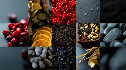 Colorful collage of berries, citrus, chocolate, and nature textures