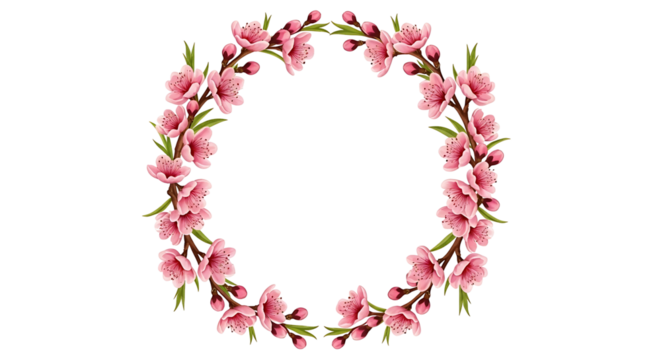 Floral Wreath with Pink Blossoms and Green Leaves.