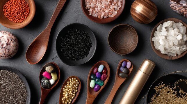 Spices and condiments in copper spoons on warm backdrop