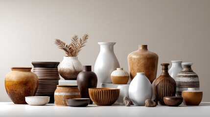 Rustic pottery and ceramic containers on neutral background