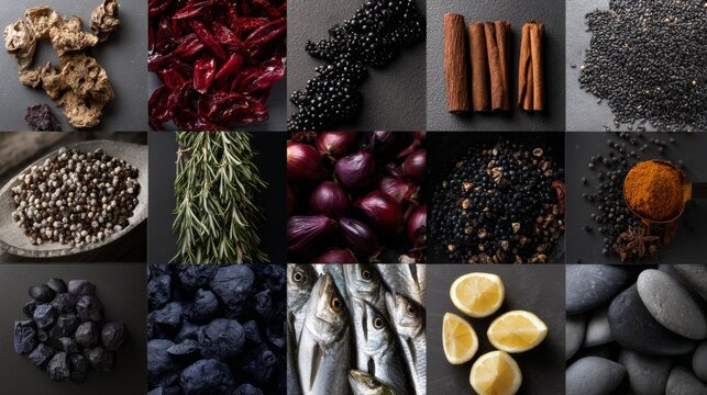 Collage of herbs, spices, and culinary textures in square layout