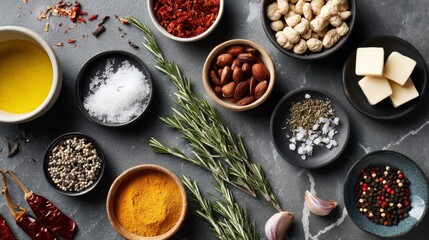 Top view of assorted spices and herbs on gray surface