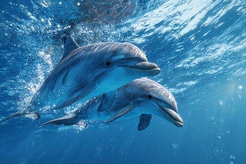 Fototapeta premium Two dolphins swimming together in the clear blue ocean waters beneath waves.