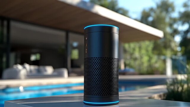 Modern smart speaker with glowing blue ring on patio by pool