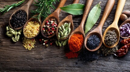 Colorful spices and herbs in wooden spoons