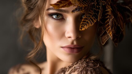 Portrait of woman with autumn leaf makeup