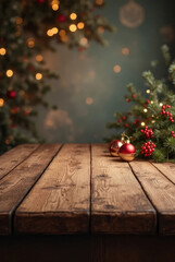 Festive Christmas background with wooden table and holiday decorations, mockup
