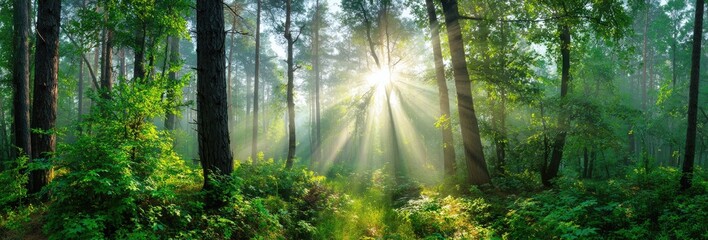 Obraz premium Lush forest scene with sunlight beams. Trees and green foliage. Mist in the air