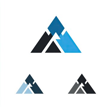 Abstract geometric mountain logo in blue, white, and black with variations