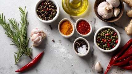 Herbs and Spices with Garlic on White Marble