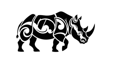Obraz premium Black tribal rhinoceros silhouette with bold geometric and swirl patterns, symbolizing power, resilience, and artistic wild nature.