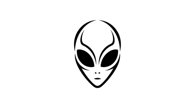 Minimalist black and white alien head design with large dark eyes and smooth contours, symbolizing extraterrestrial mystery and futuristic intelligence.