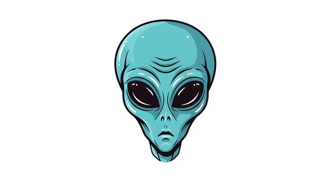 Detailed teal alien head illustration with large black eyes and subtle wrinkles, symbolizing intelligence, mystery, and extraterrestrial life in a sci-fi style.