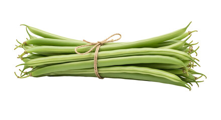 Freshly picked green beans tied with twine on a white background.