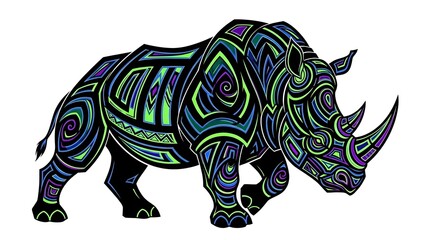 Fototapeta premium Neon tribal rhinoceros illustration with glowing blue, green, and purple geometric patterns, symbolizing power, mystery, and wild artistic expression.
