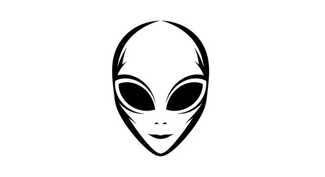 Simple black and white alien head illustration with large eyes and smooth lines, representing extraterrestrial mystery and minimalist sci-fi design.