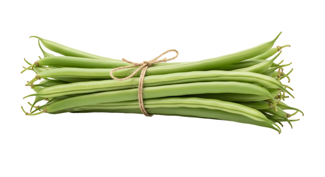 Freshly picked green beans tied with twine on a white background.
