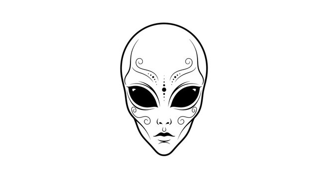Elegant alien head illustration with large black eyes and subtle ornamental facial markings, symbolizing mystery, intelligence, and extraterrestrial beauty.