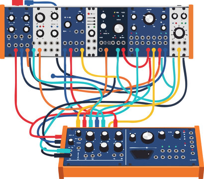 A modular synthesizer setup with colorful patch cables connecting modules.