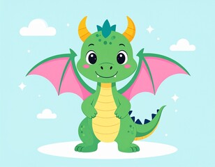 Fototapeta premium Cute cartoon baby dragon flaying vector artwork illustration
