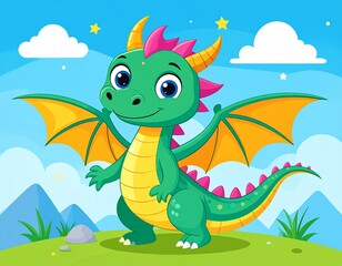 Naklejka premium Cute cartoon baby dragon flaying vector artwork illustration