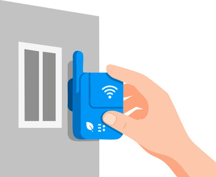 Hand holding a blue wifi extender device near a wall with a window.