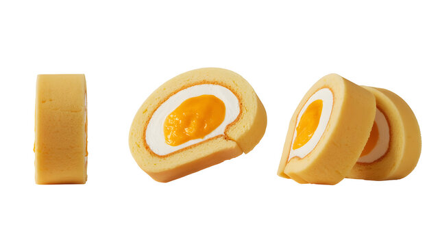 Three slices of swiss roll cake with egg yolk filling, isolated on transparent background