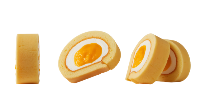 Three slices of swiss roll cake with egg yolk filling, isolated on transparent background
