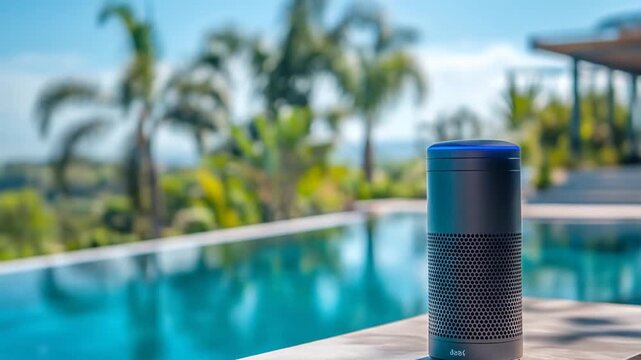 Smart speaker by a pool with palm trees