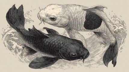 A hand-drawn sketch vector of two intertwined fish made of yin-yang shapes and water waves, symbolizing harmony and natural balance. Beautifully shaded pencil texture on white background.