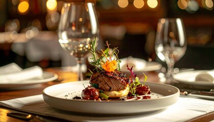 高品質な料理の美しい盛り付けと食卓シーン