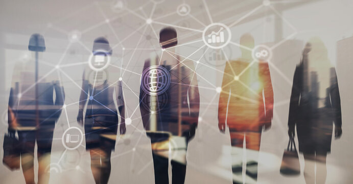 Telecommunications network with global connections and data exchange on digital background