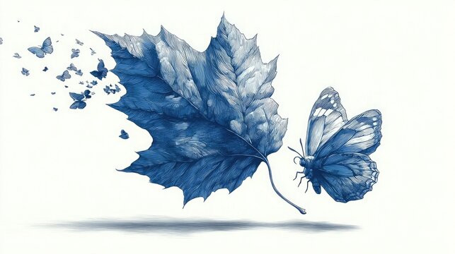 A hand-drawn vector of a leaf transforming into a butterfly midair, representing lifea??s change and beauty. Clean linework, natural shading, on white background.