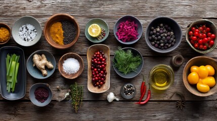 Rustic Flat Lay of Herbs, Spices, and Oils