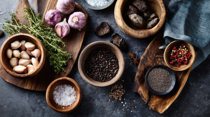 Fototapeta premium Natural Cooking Ingredients in Wooden Bowls