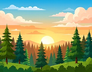 Fototapeta premium Vector illustration of sunset over forest landscape with clouds