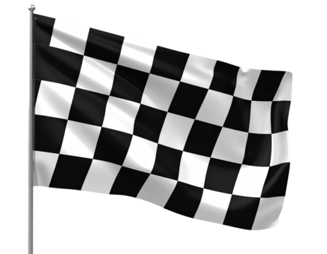  3D Racing Flag with Tilted Perspective, Bold Abstract Black-and-White Squares, Isolated on Transparent Background
