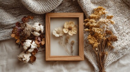 Fototapeta premium Dried flowers and wooden frame on textured surface for decorative purposes