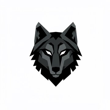 Geometric, dark wolf head illustration. Angular style emphasizes eyes. Graphic features sharp lines against a white background