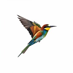 Fototapeta premium A vibrant, geometric illustration of a colorful bird in mid-flight against a clean white backdrop, showcasing its wings