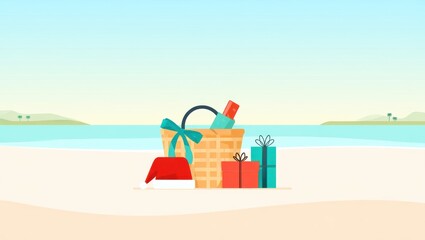 Naklejka premium Beach basket filled with holiday gifts and festive decorations