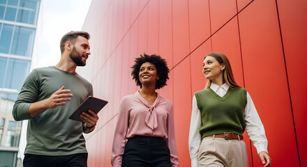 Dynamic Team En Route to Success Diverse Professionals Sharing Ideas in Modern Urban Setting Collaboration and Innovation for Corporate Growth and Business Venture