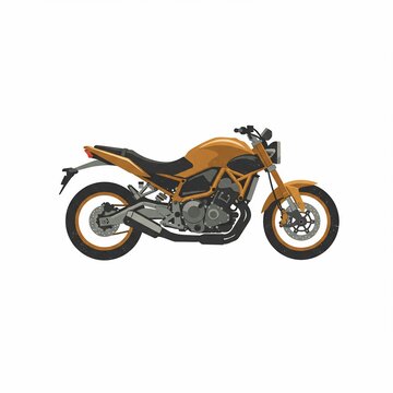 A modern motorcycle in an orange and black color scheme is displayed against a white background. It's a stylized illustration