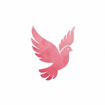 A watercolor-style dove takes flight, wings outstretched, depicted in shades of pink against a clean white background