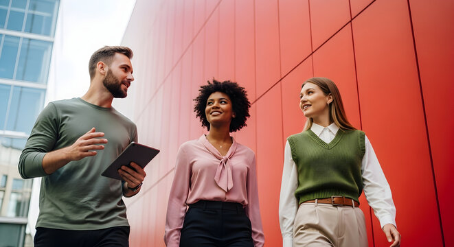 Dynamic Team En Route to Success Diverse Professionals Sharing Ideas in Modern Urban Setting Collaboration and Innovation for Corporate Growth and Business Venture