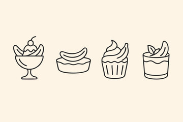 A hand-drawn vector icon set of sweet dessert illustrations including ice cream, cake, and coffee cup designs for cafe or bakery menus
