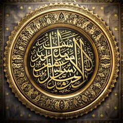 Ornate golden islamic calligraphy in a circular frame