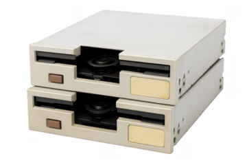 Stacked 5.25 inch floppy disk drives ready for installation. Obsolete computer hardware with transparent background